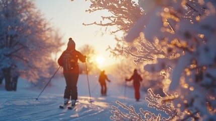 Aufkleber - Skiers glide through a snow covered trail at sunset, surrounded by frost covered trees and a glowing orange sky. A serene winter atmosphere envelops the scene.