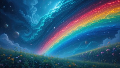 Wall Mural - Celestial Rainbow Arcs Over A Field Of Flowers