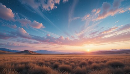 Wall Mural - serene sunset over grasslands and distant mountains