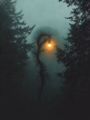 Poster - Misty forest at dusk illuminated by a distant street lamp surrounded by twisted trees and eerie fog