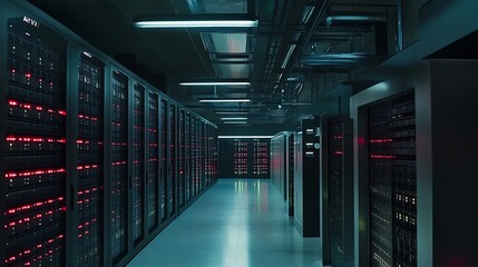 Wall Mural - modern data center: server room with rows of illuminated servers for data storage and processing.