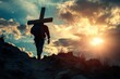 © ai_katrin - A man climbing a steep mountain trail, carrying a large wooden cross on his back