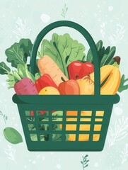 Aufkleber - Fresh fruits and vegetables fill a green shopping basket on a soft pastel background, promoting healthy eating habits and sustainability