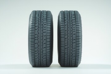 Fototapete - Two car tires standing upright on a plain white background showcasing detailed tread patterns and grooves
