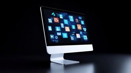 Modern desktop computer displaying numerous application icons, glowing blue and connected by lines on a dark background. Digital technology concept