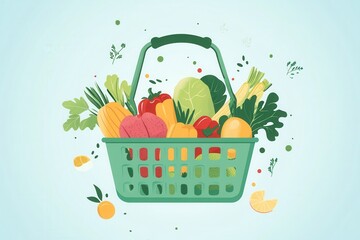 Aufkleber - Fresh fruits and vegetables in a green shopping basket on a soft pastel background create a minimalistic and inviting illustration