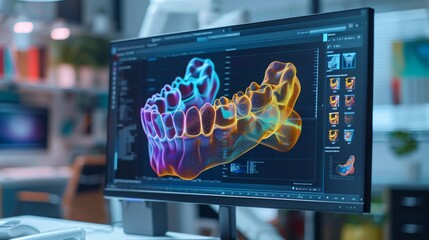Fototapete - A detailed 3D visualization of a human jaw structure, is shown on a computer screen in a contemporary dental office environment designed for high tech consultations.