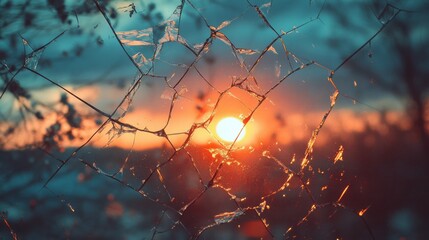  Sunlight pierces through a shattered window, casting warm hues over a tranquil landscape at dusk, blending chaos with serenity.