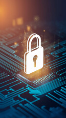 white padlock icon on a blue circuit board background, symbolizing digital security and data protect