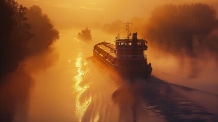 Aufkleber - Two boats glide along a serene river as the sun sets, illuminating the water with golden hues while a soft mist envelops the landscape in the early evening light.