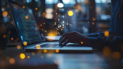 Software developer immersed in source code on a laptop in a modern office at night, surrounded by a bokeh effect and enhanced by a digital overlay, showcasing technological innovation