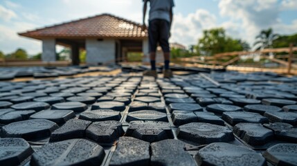 Poster - A construction worker is busy laying hexagonal paving tiles on the unfinished floor of a residential building, surrounded by a clear sky and lush greenery.