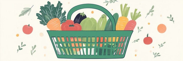 Aufkleber - Fresh fruits and vegetables in a green shopping basket against a soft pastel background in a minimalistic style