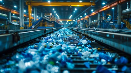 Aufkleber - Plastic bottles and containers cover the conveyor tracks inside a waste processing facility, illuminated by bright overhead lights, highlighting modern recycling efforts in action.