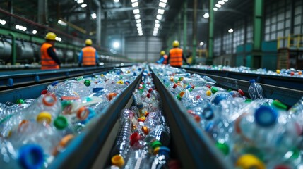 Poster - Employees wearing safety vests and helmets work to sort an extensive line of plastic bottles at a recycling center, ensuring proper recycling procedures during daytime hours.