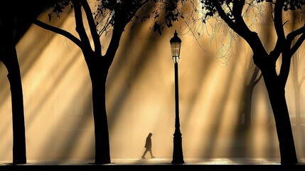 Wall Mural - a person strolls down a tree-lined street, past a lamppost on one side and a streetlight on the oppo