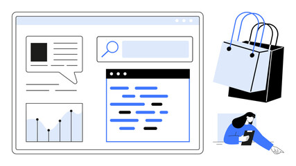 e-commerce interface with search bar, chat bubble, graph, text blocks, shopping bags, woman using ta