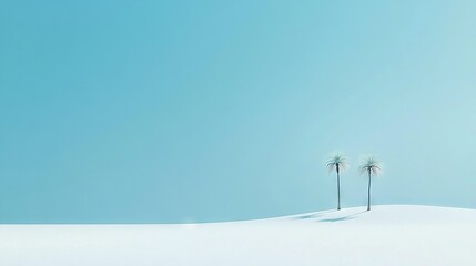 Wall Mural - a pair of palm trees rise atop a snow-capped peak against a cerulean sky