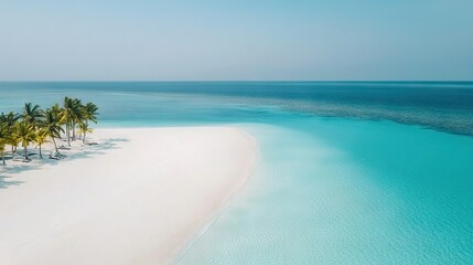 Wall Mural - a bird's eye view of a coastline with palm groves in the foreground and azure sea beyond