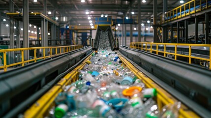 Aufkleber - Conveyor belt transports an extensive variety of plastic bottles and containers in a recycling facility, showcasing the process of sorting materials for recycling.