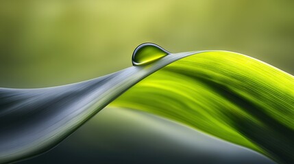Wall Mural -   Close-up of a green leaf with water droplet on its tip, blurred background