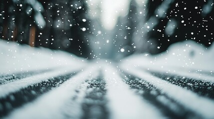 Wall Mural - a snow-covered road with trees in the backdrop and snowflakes on the road surface