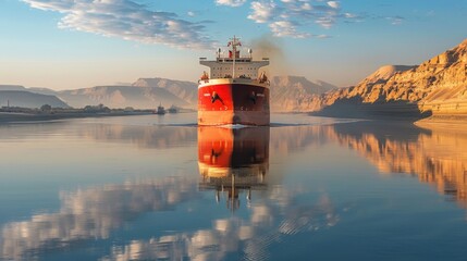 Aufkleber - A sizable cargo ship navigates a calm river at sunrise, surrounded by majestic mountains under a clear sky. Its vibrant red hull contrasts beautifully with the serene surroundings.