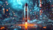 © nanskyblack - A sleek, silver rocket poised for liftoff against a vibrant, futuristic laptop background symbolizes a successful startup launch and ambitious business development, signifying innovation and growth.