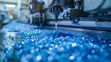 Poster - A machine is actively molding and processing blue plastic pellets in a busy factory setting. The bright lighting and organized workspace highlight efficient production.