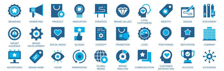 Aufkleber - Branding icon set in flat duotone solid icons web design. Pack pictograms with marketing, strategy, brand values, loyal customers, identity, target audience, social media, other. Vector illustration.