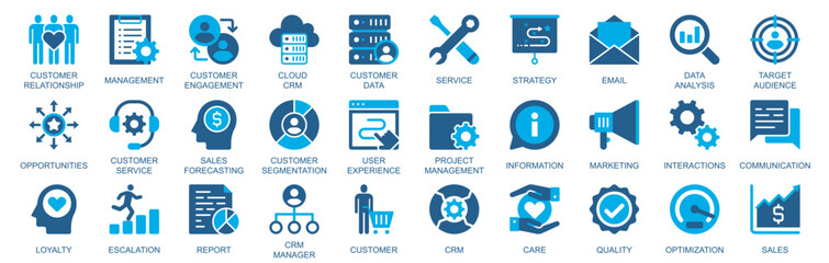 Poster - CRM icon set in flat duotone solid icons web design. Pack pictograms with customer relationship, management, engagement, cloud, service, strategy, email, data analysis, other. Vector illustration.