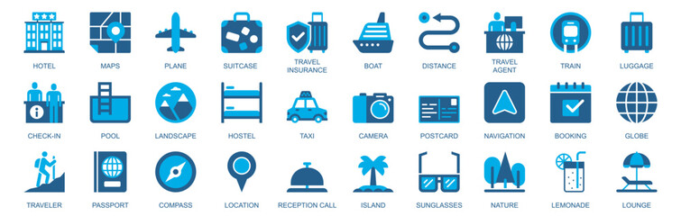 Poster - Travel icon set in flat duotone solid icons web design. Pack pictograms with hotel, maps, plane, suitcase, insurance, boat, distance, train, checkin, pool, hostel, taxi, other. Vector illustration.