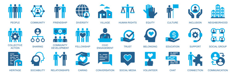 Aufkleber - Community icon set in flat duotone solid icons web design. Pack pictograms with people, friendship, diversity, village, human rights, equality, culture, inclusion, trust, other. Vector illustration.
