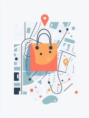 Aufkleber - Elegant delivery route map design featuring grocery bag icon and location pins for efficient shopping experience