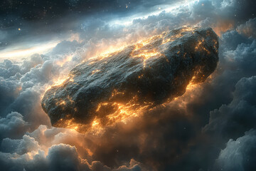 Wall Mural - large rock is floating in the sky with a bright orange glow surrounding it. concept of wonder and aw