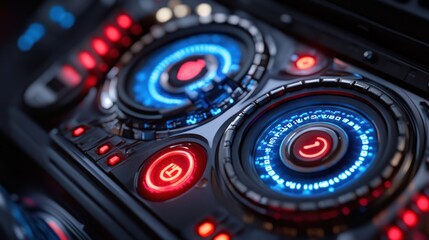 Futuristic control panel with glowing buttons and dials.