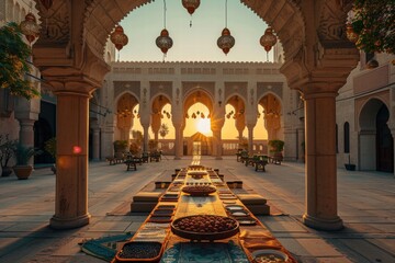 Poster - Sunlight streaming through arches illuminates a vibrant outdoor market with decorative lanterns at sunset in a historic courtyard setting