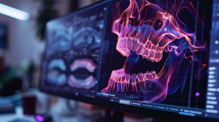Fototapete - A computer monitor showcases colorful 3D models of teeth and jaw structures, highlighting advanced dental imaging techniques used in modern dental practices.