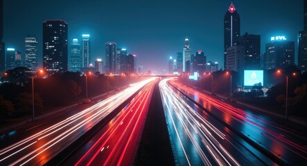 Wall Mural - modern urban city featuring freeway traffic at night