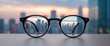 © The 2R Artificiality - Modern vibrant cityscape viewed through eyeglasses. Out-of-focus background. Vision concept.