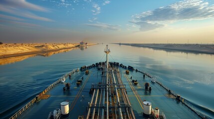 Aufkleber - A cargo vessel moves smoothly through a tranquil canal just after sunrise, reflecting soft colors on the water while sandy banks line the route.