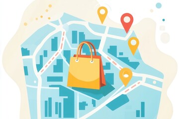 Poster - Delivery route map illustration featuring grocery bag icon and location markers for effective shopping logistics