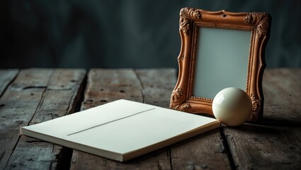 mockup of a notepad with a blank line, a photo frame, and a sphere on a tabletop.