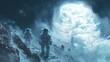 © harryaishi - Two astronauts explore a glowing icy cave entrance on a distant planet.