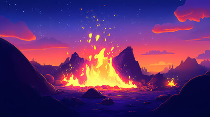 Wall Mural - Flames erupt from glowing embers in a volcanic landscape during twilight hours. Ember Twilight. Illustration