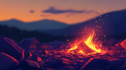 Wall Mural - Flames erupt from glowing embers in a volcanic landscape during twilight hours. Ember Twilight. Illustration