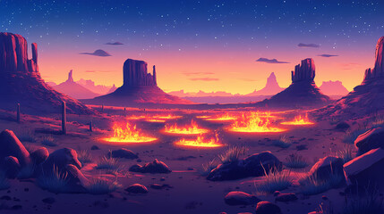 Wall Mural - Glowing ember pits in a mystical desert landscape at twilight. emberglow. illustration. Ember Twilight. Illustration
