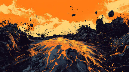 Wall Mural - Lava flow with splashes, dark volcanic soil, dramatic natural landscape. Ember Twilight. Illustration