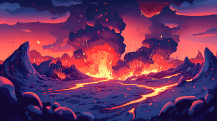 Wall Mural - Lava flow with splashes, dark volcanic soil, dramatic natural landscape. Ember Twilight. Illustration
