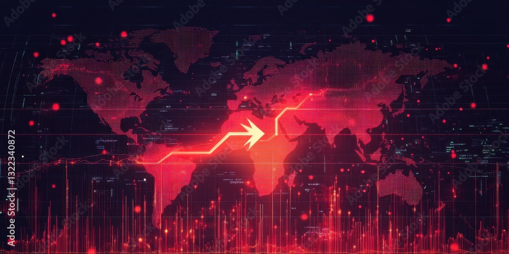 Red stock market graph with an arrow pointing down and a world map ...
